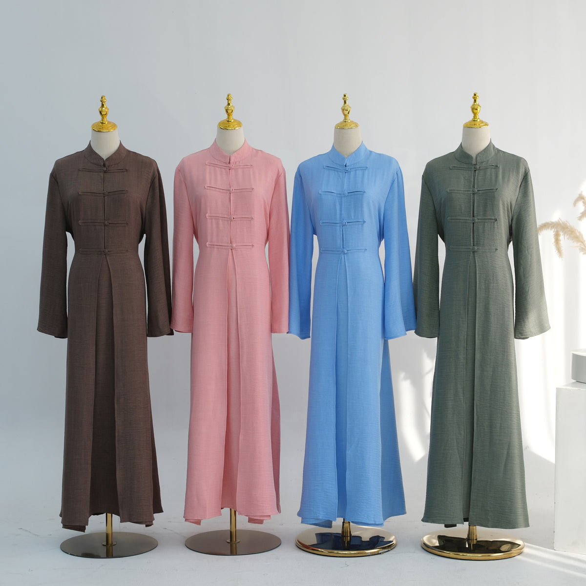 LR1124  Plain Solid Polyester Tie-Front Open Abaya Cardigan + Inner 2-Piece Set