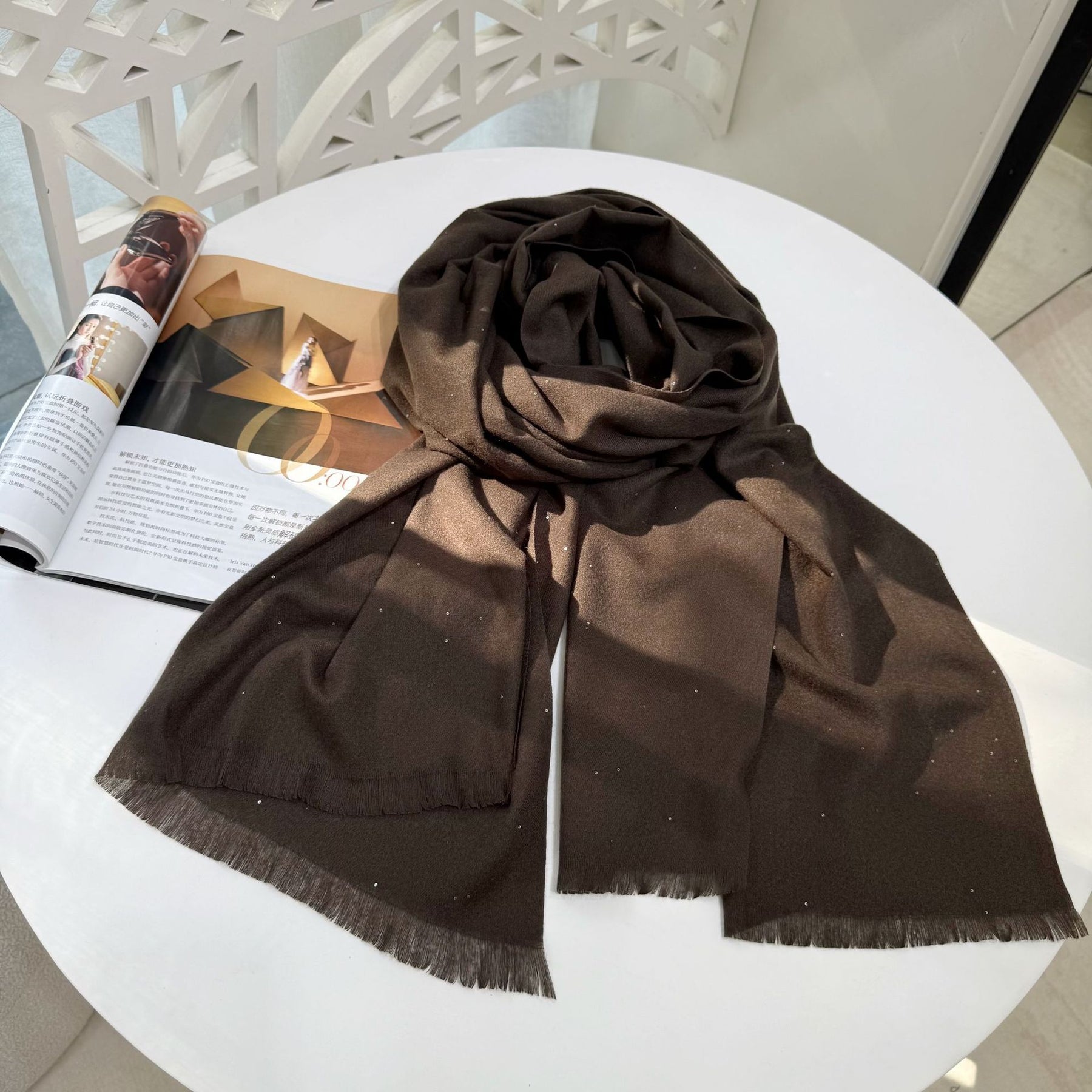 JM001  Plain Starry Hotfix Rhinestone Polyester Tassel Scarf