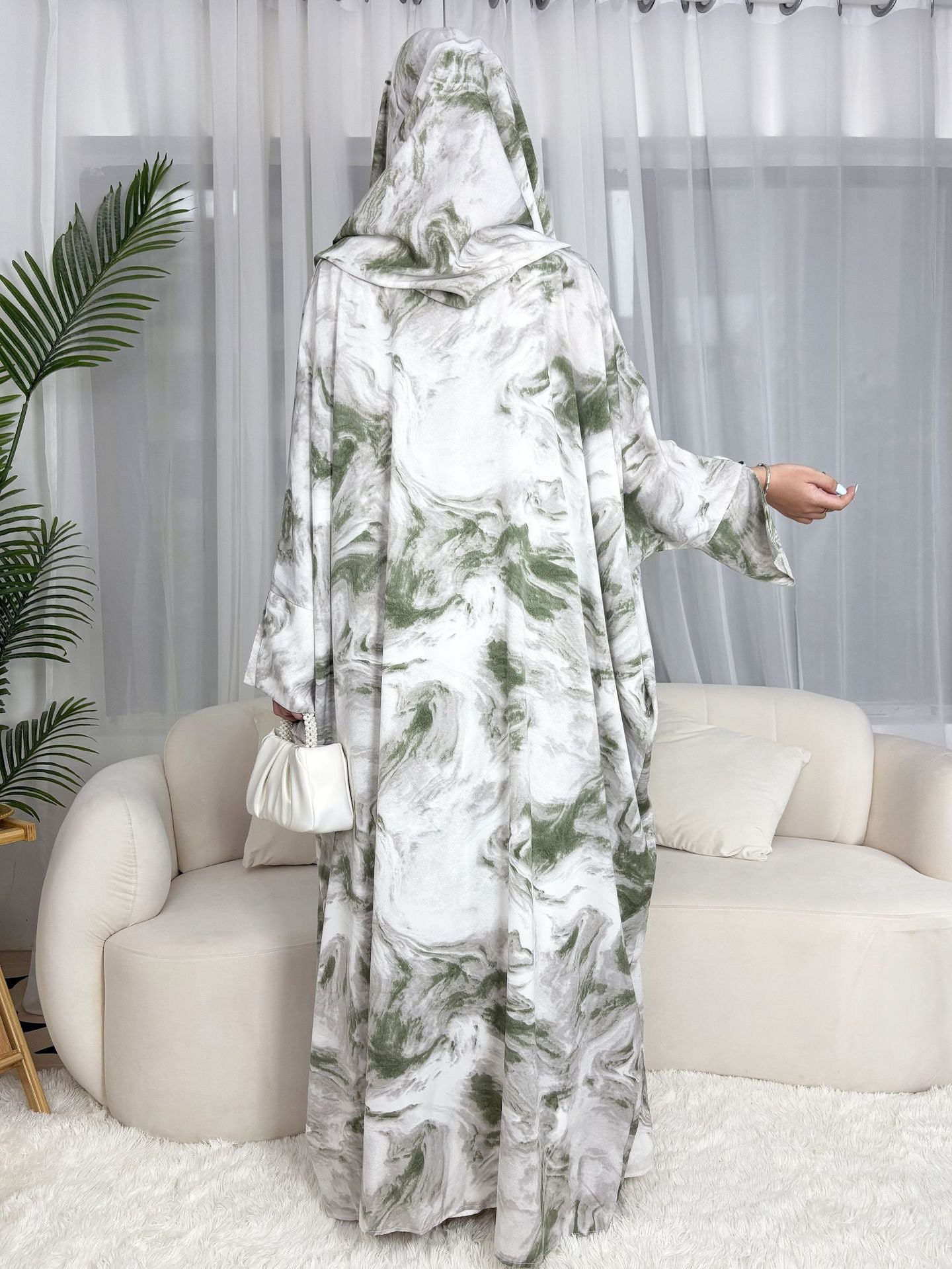 SMWT  Ink-Wash Print Batwing Cardigan + Hijab Set
