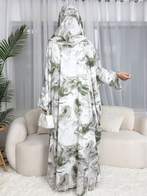 SMWT  Ink-Wash Print Batwing Cardigan + Hijab Set