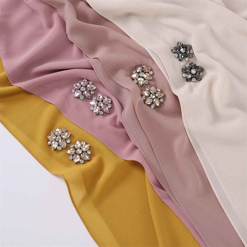YZ133 Plain Pearl Chiffon Hijab with Hand-Set Crystals & Straight Hem