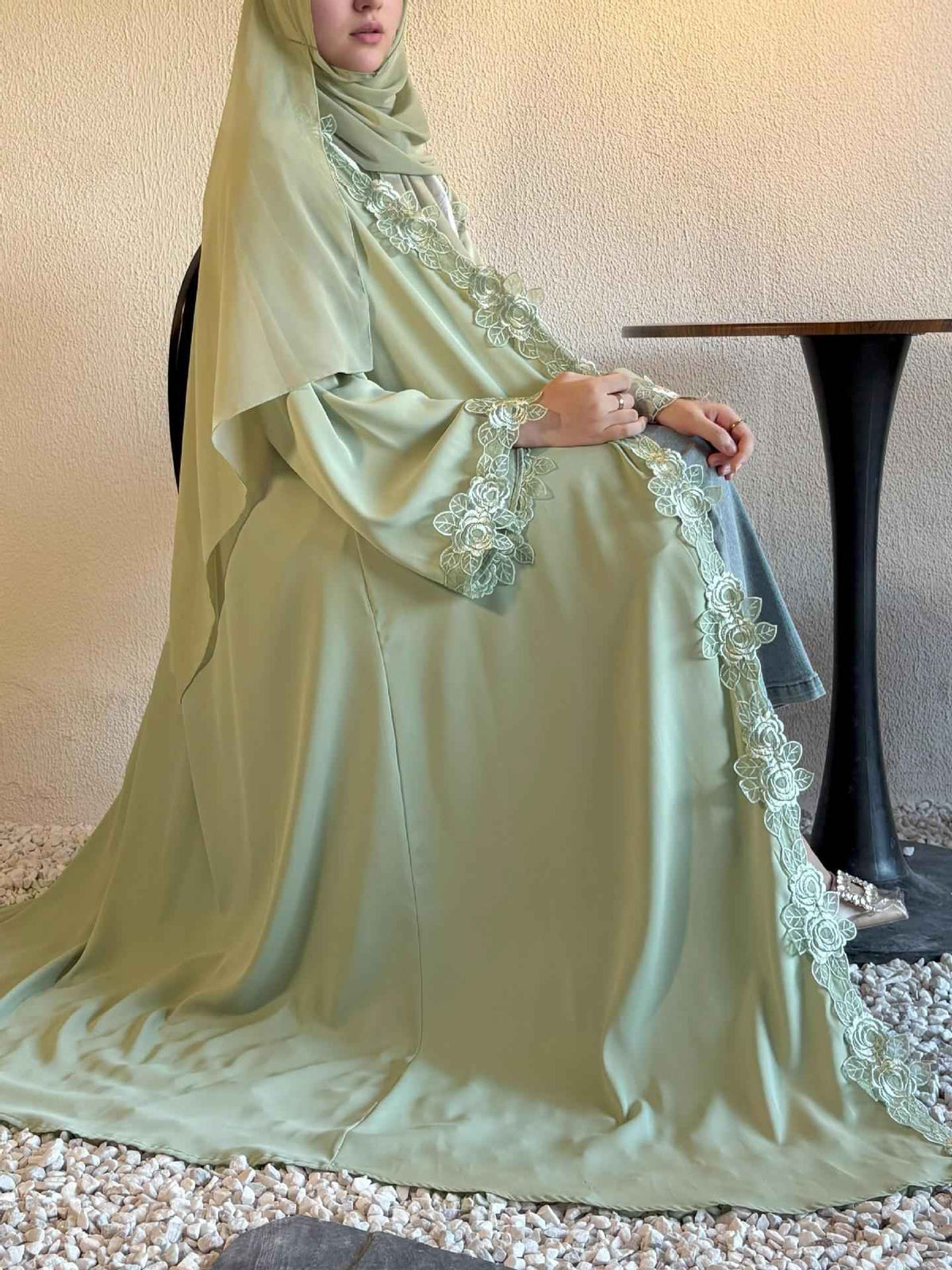 HBWT  Green Floral Abaya with Subtle Lace & a Coordinating Hijab
