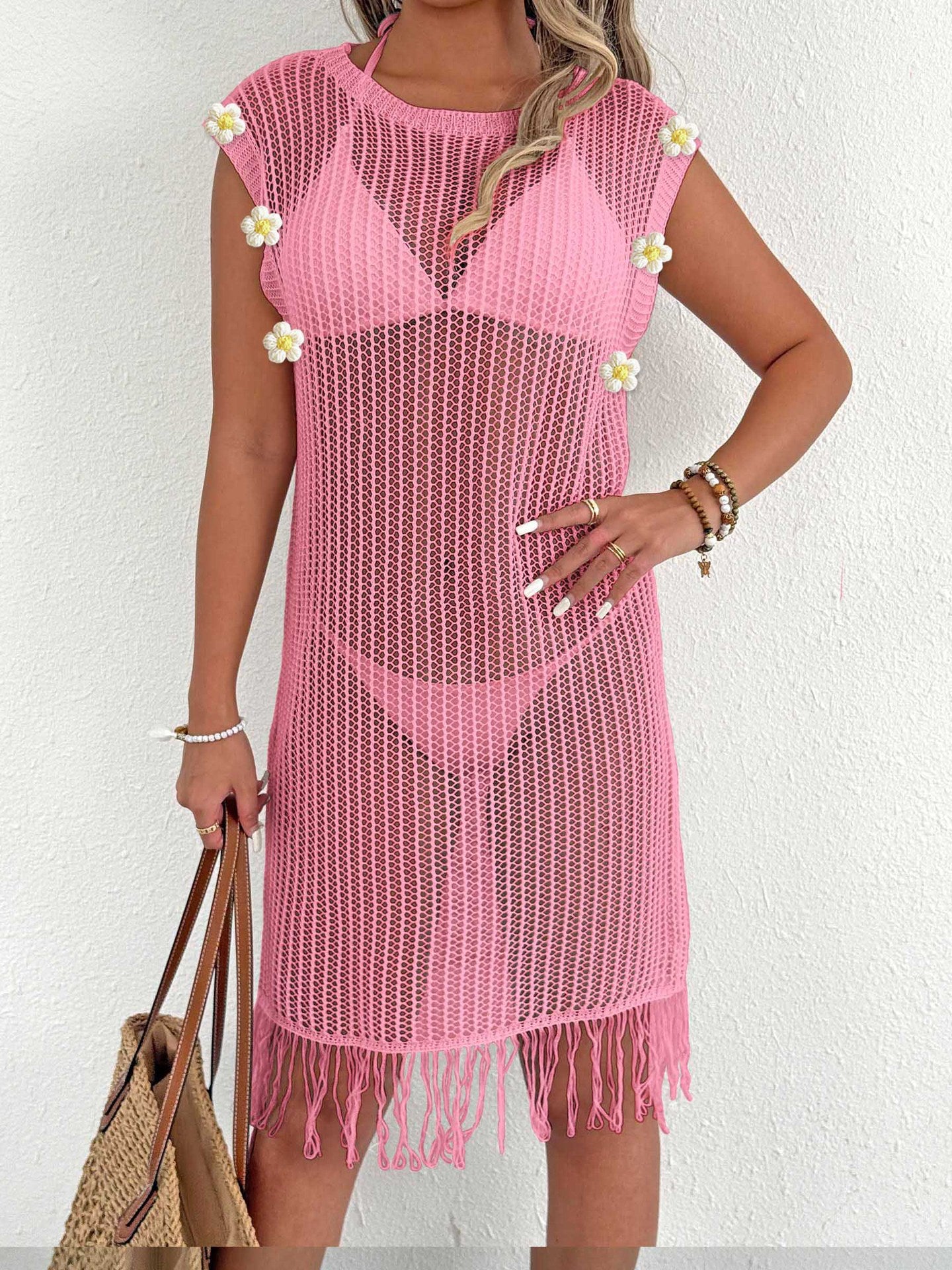 Z105901  Hollow Transparent Tassel Splicing Dress