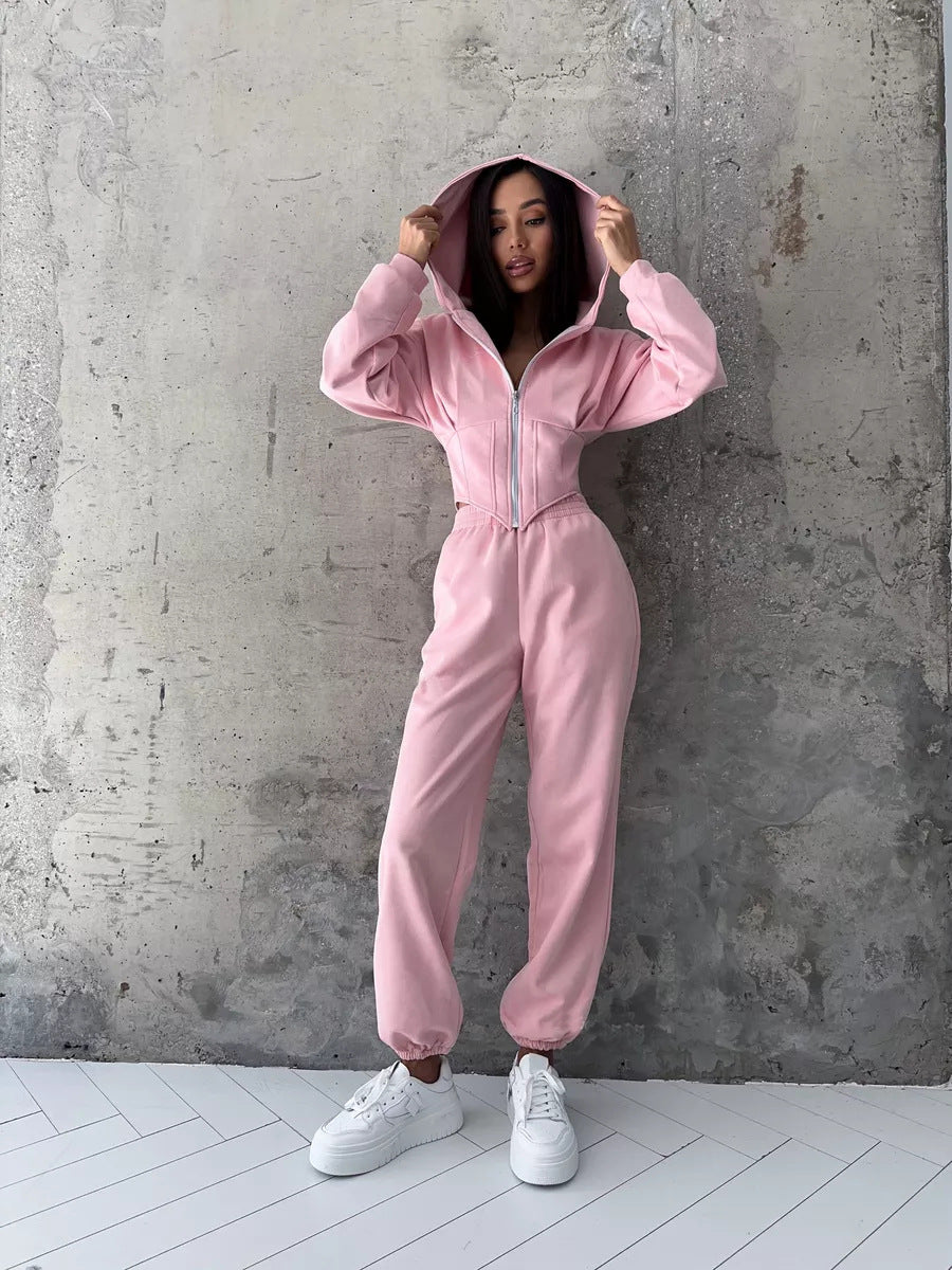 C56105  Autumn Winter Women Plain Drawstring Hooded Sweatsuit Abaya 2-Piece Set