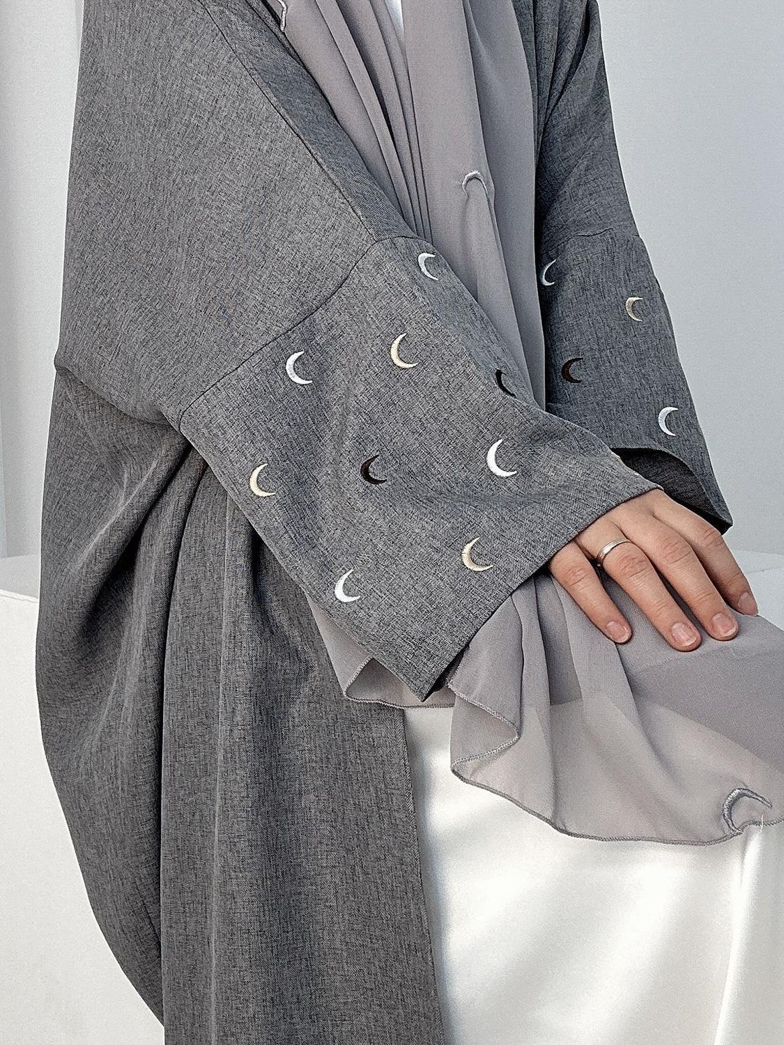 YLCX  Plain elegant long dress – cardigan style, moon embroidery