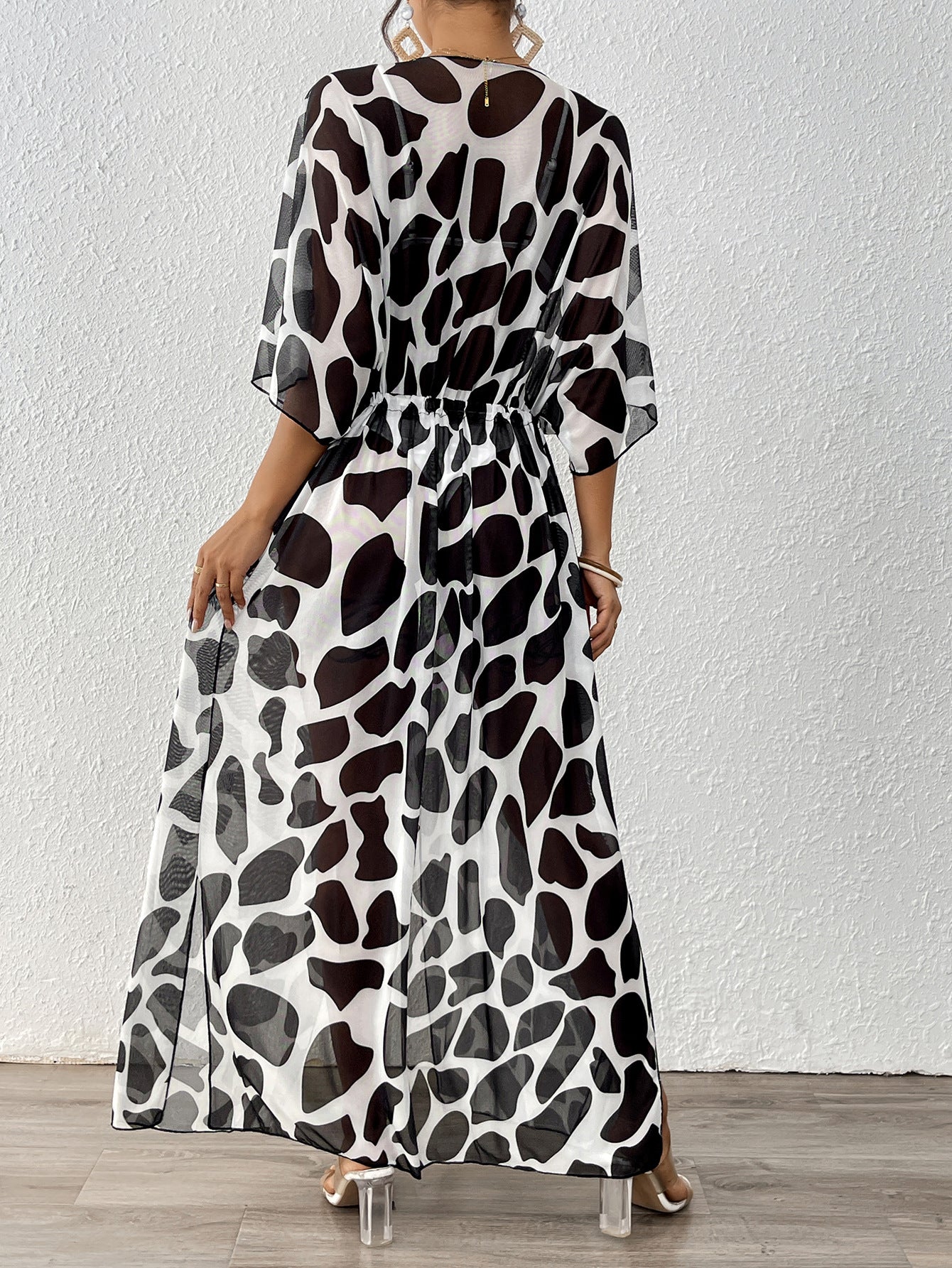 A12267  Batwing Sleeve Tie Waist Leopard Print Mesh Beach Bikini Cover Up