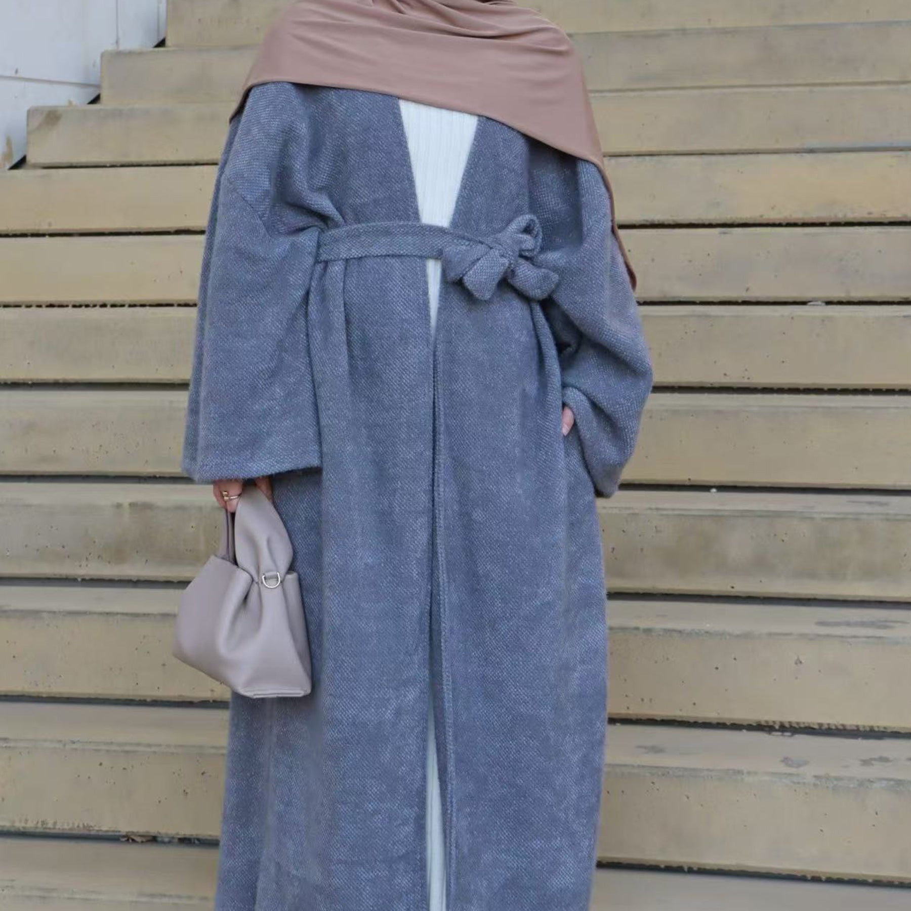 LR1125  Thick Winter Abaya Cardigan with Belt