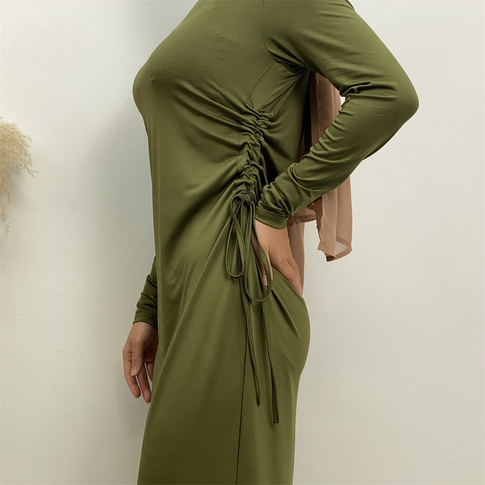 6736 Arabian solid color long-sleeved dress women's side drawstring bottoming shirt - MinYang Fashion Apparel Accessory Manufacturer