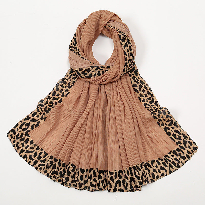 VS773 Hot sale new style leopard wrinkle polyester long scarf solid color headscarf