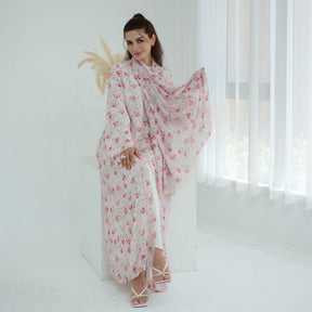 LR1067  Printed Chiffon Lined Open Abaya + Hijab Set