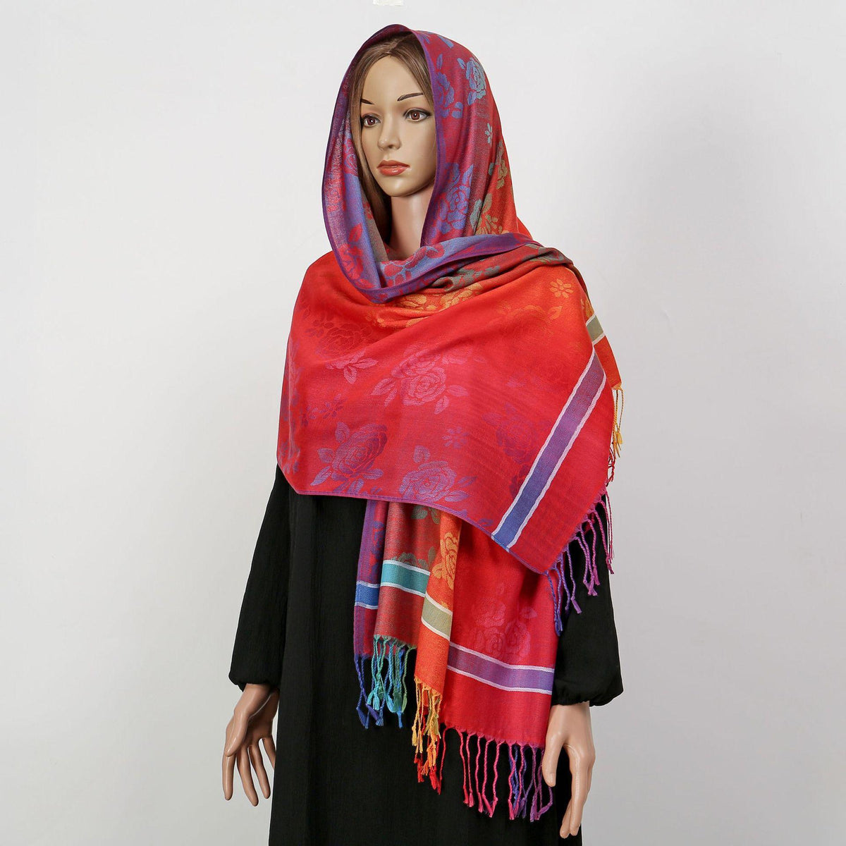 YF0438  Colorful Jacquard Soft Polyester Tassel Long Scarf