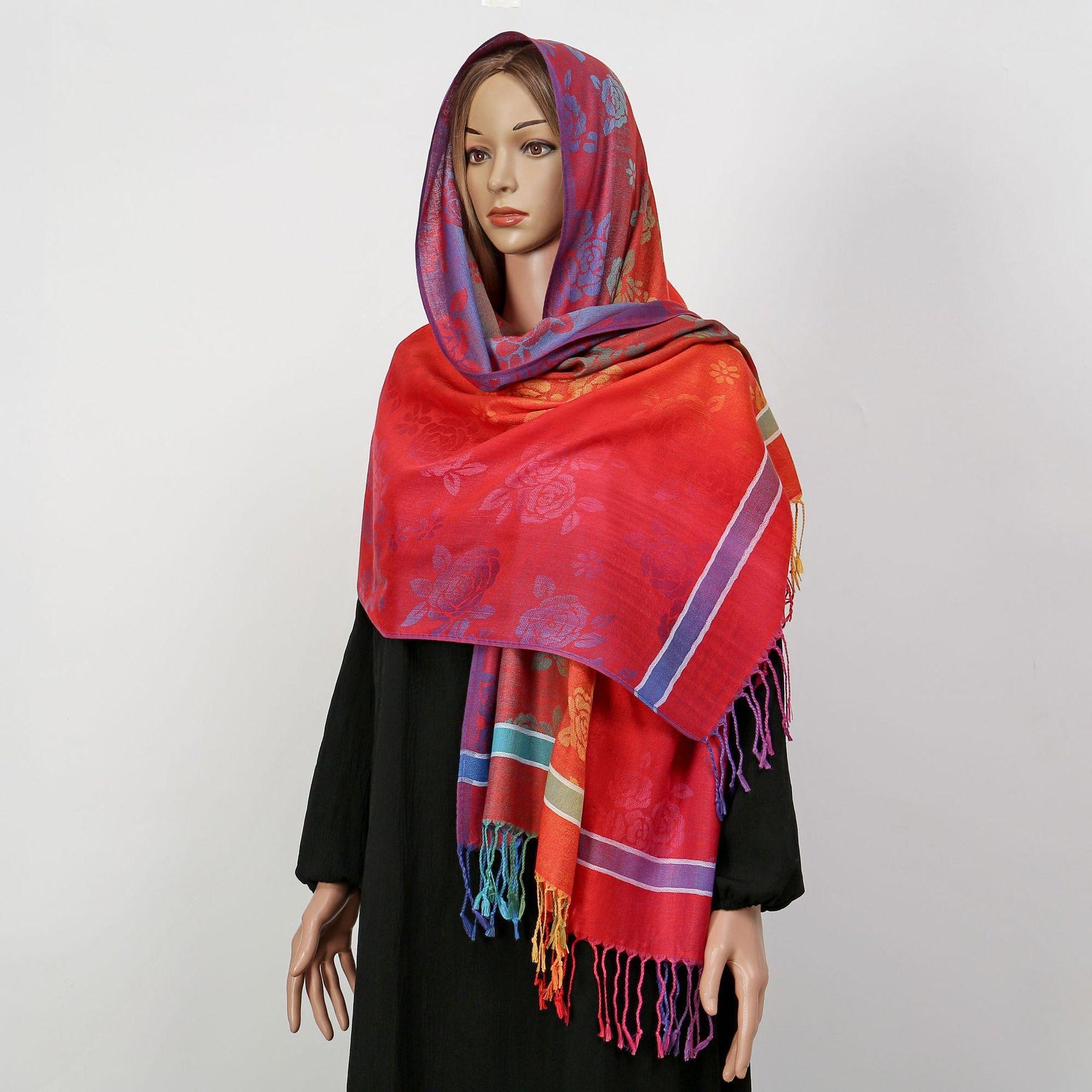 YF0438  Colorful Jacquard Soft Polyester Tassel Long Scarf