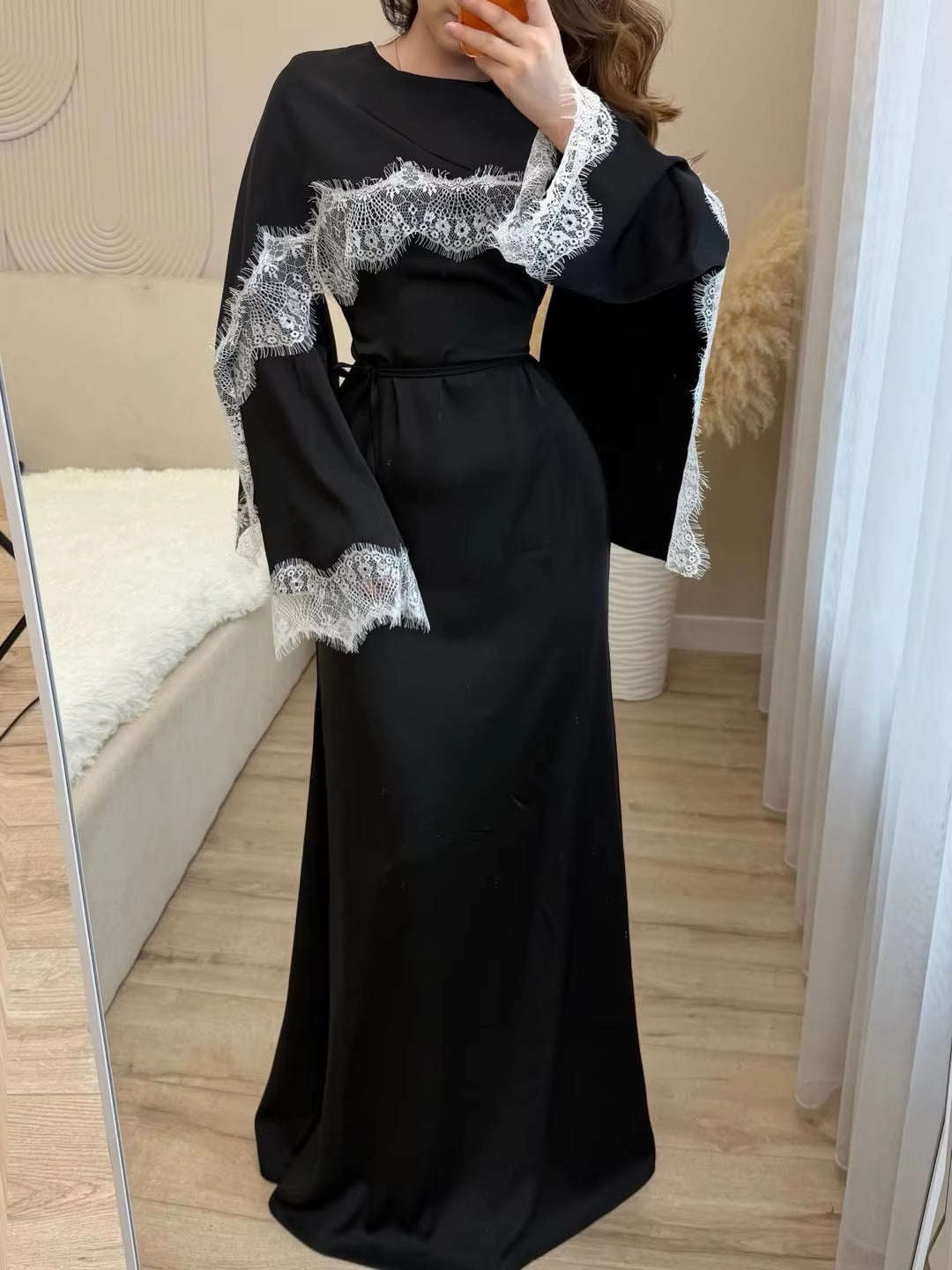 LR1323  Viscose Lace Panel Dress with Shawl