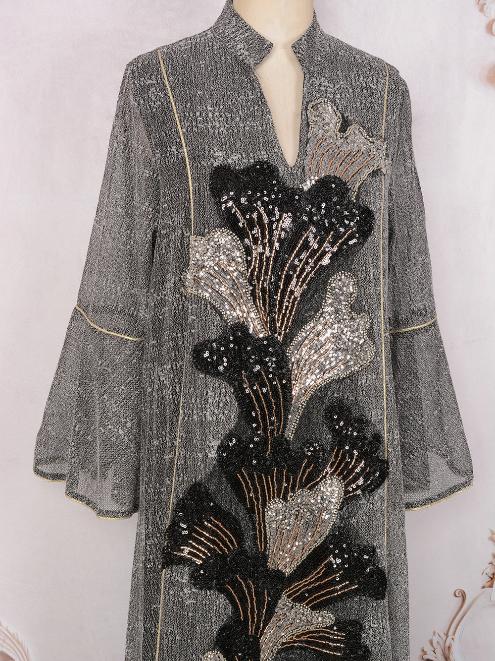 MT557  Stand Collar Sequin Beaded Embroidered Luxury Dress