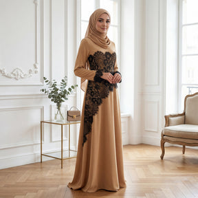 LR1174  Plus size lace panel long sleeve waist-cinching dress