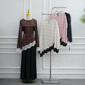 LR1357&LR1185  Lace Panel Polka Dot Polyester Top + Skirt Set