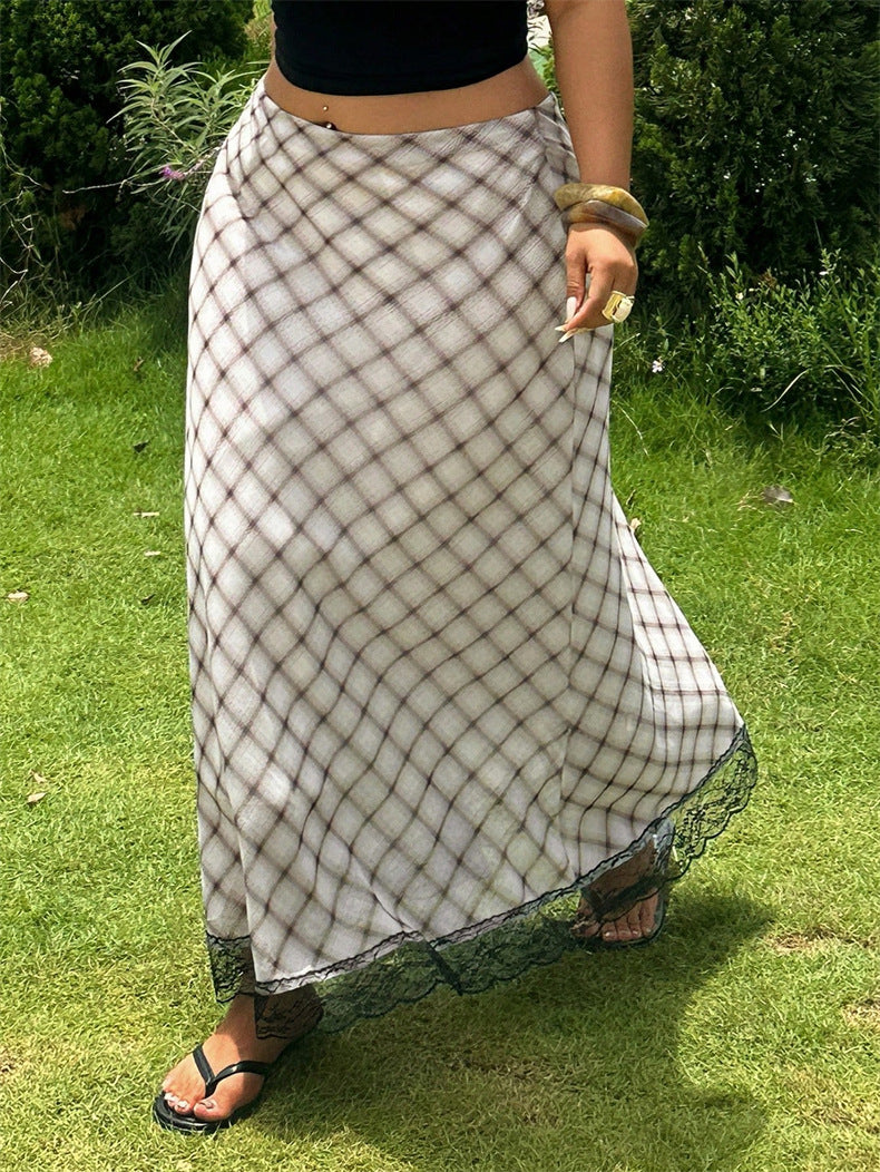 DM3351  Elastic-Waist Diamond Pattern Polyester Lace-Trim Maxi Skirt