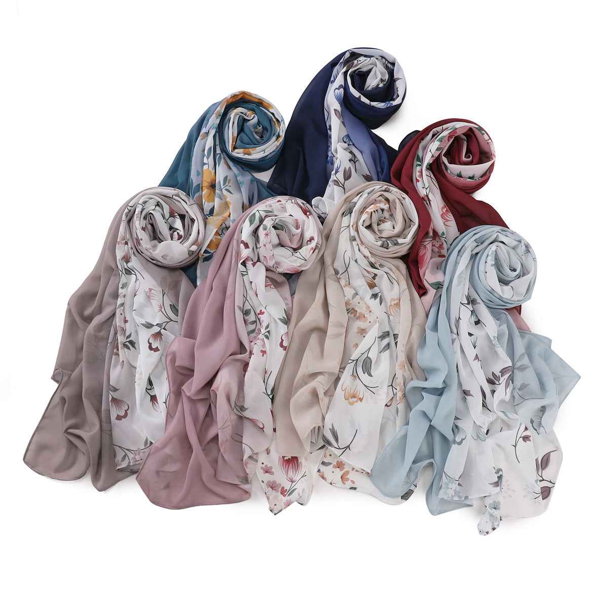 YZ202  Ombre Floral Print Pearl Chiffon Hijab