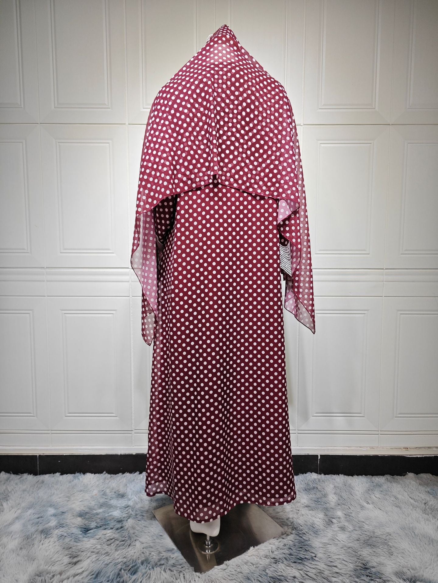 MQ297  Red Polka Dot Chiffon Wavy Lace Cardigan + Hijab Set