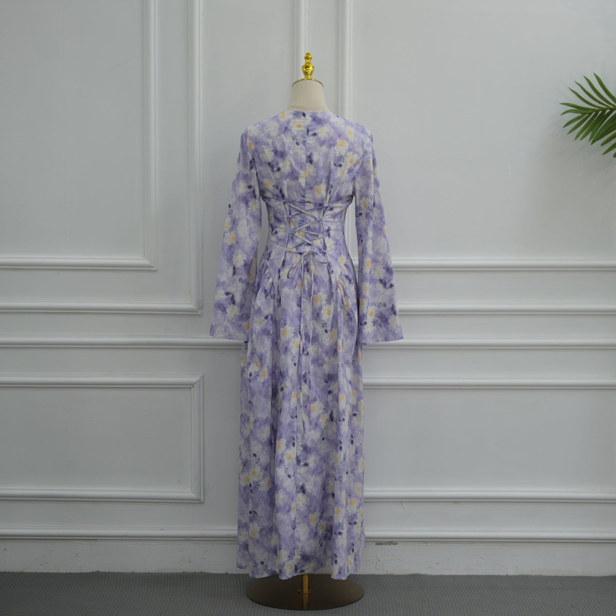 LR1373  Elegant Floral Center Print Double-Layer Polyester Tie Waist Dress
