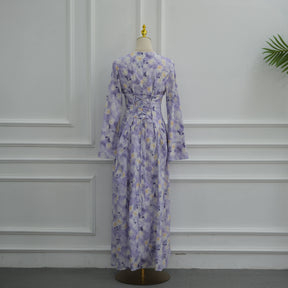 LR1373  Elegant Floral Center Print Double-Layer Polyester Tie Waist Dress