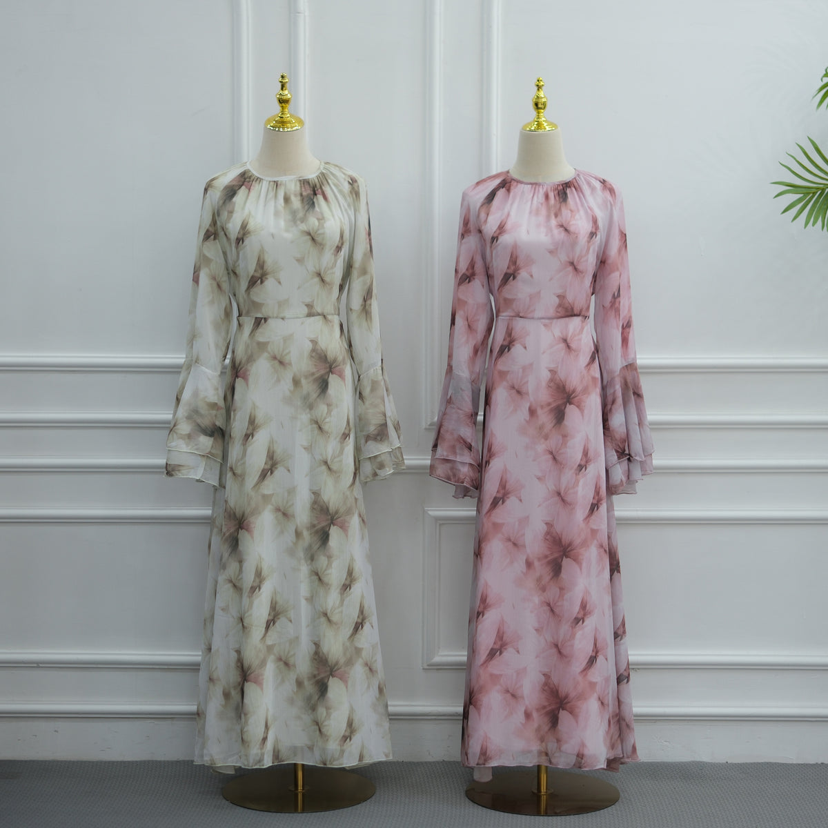 LR1338  Printed Double-Layer Chiffon Flare Sleeve Dress