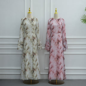 LR1338  Printed Double-Layer Chiffon Flare Sleeve Dress
