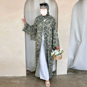 LR1067  Printed Chiffon Lined Open Abaya + Hijab Set