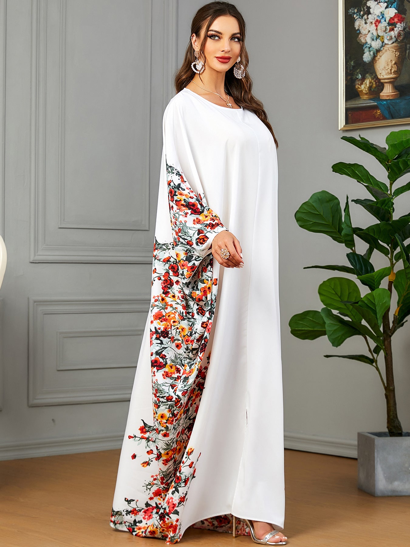 3422  Batwing sleeve printed dress