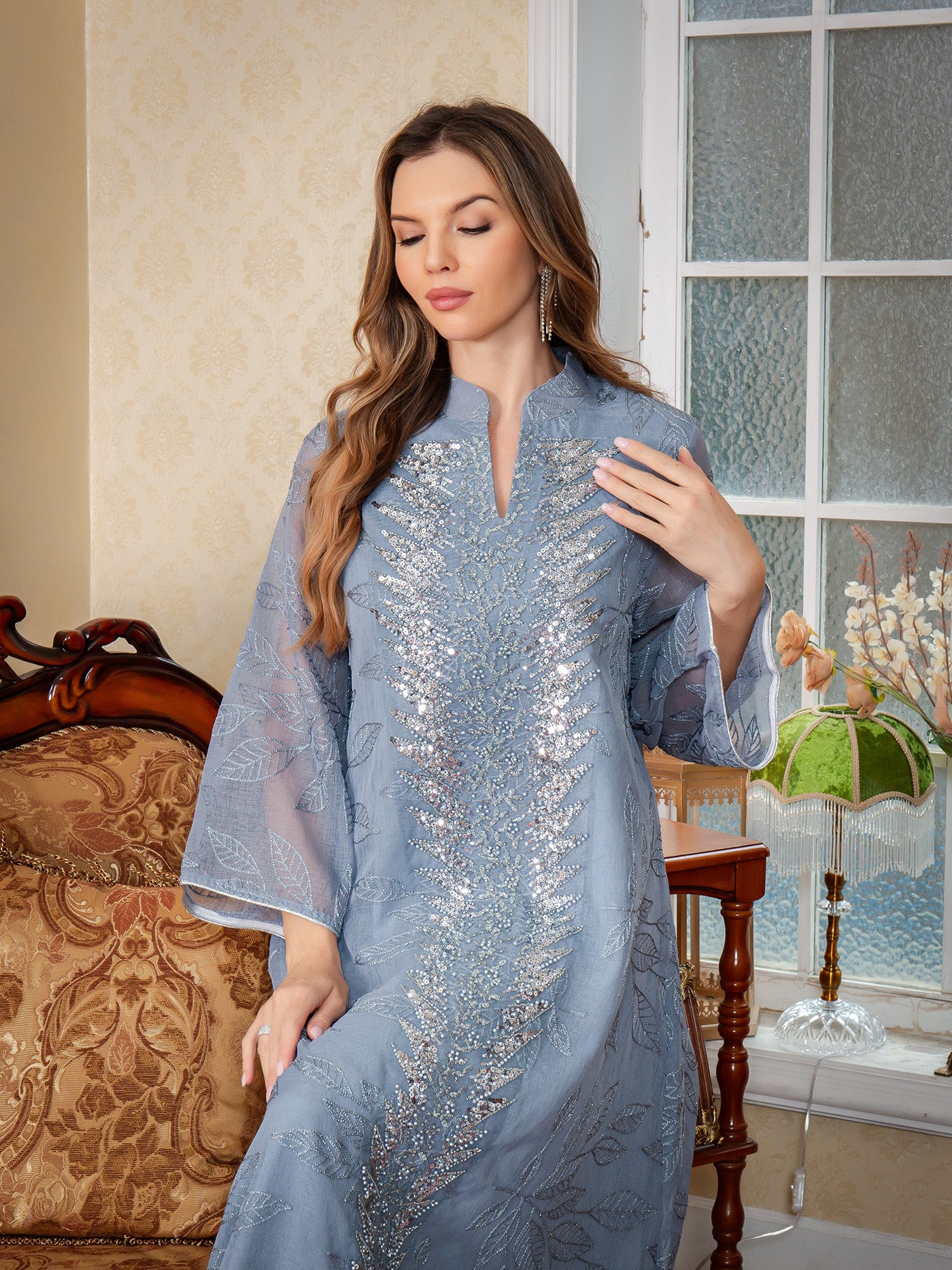 SMT169  Mesh dress with full embroidery
