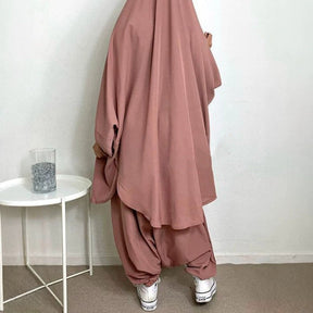 P103  Plain 2-Piece Loose Long Sleeve Top Hijab and Tied Pants Set