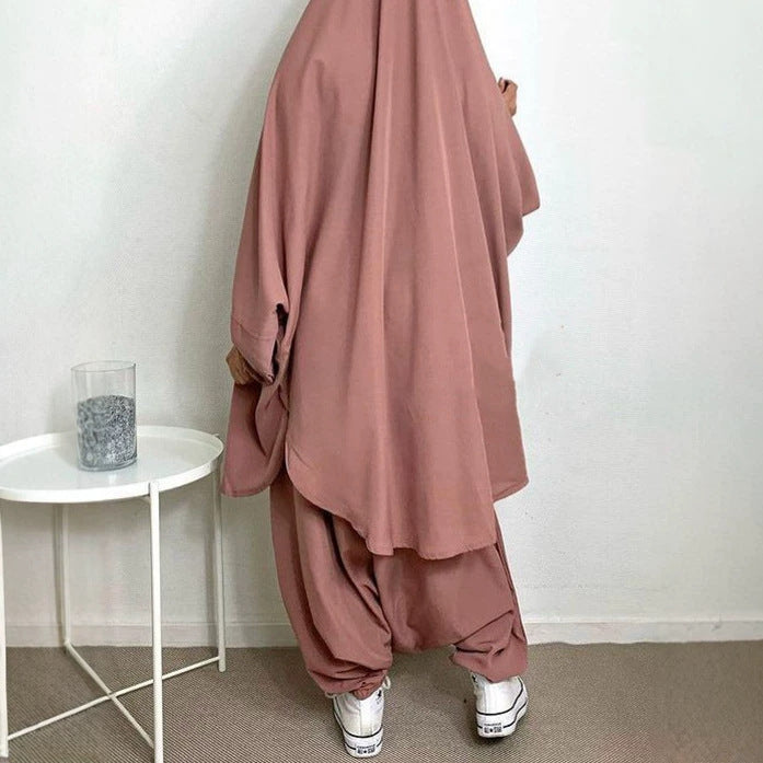 P103  Plain 2-Piece Loose Long Sleeve Top Hijab and Tied Pants Set