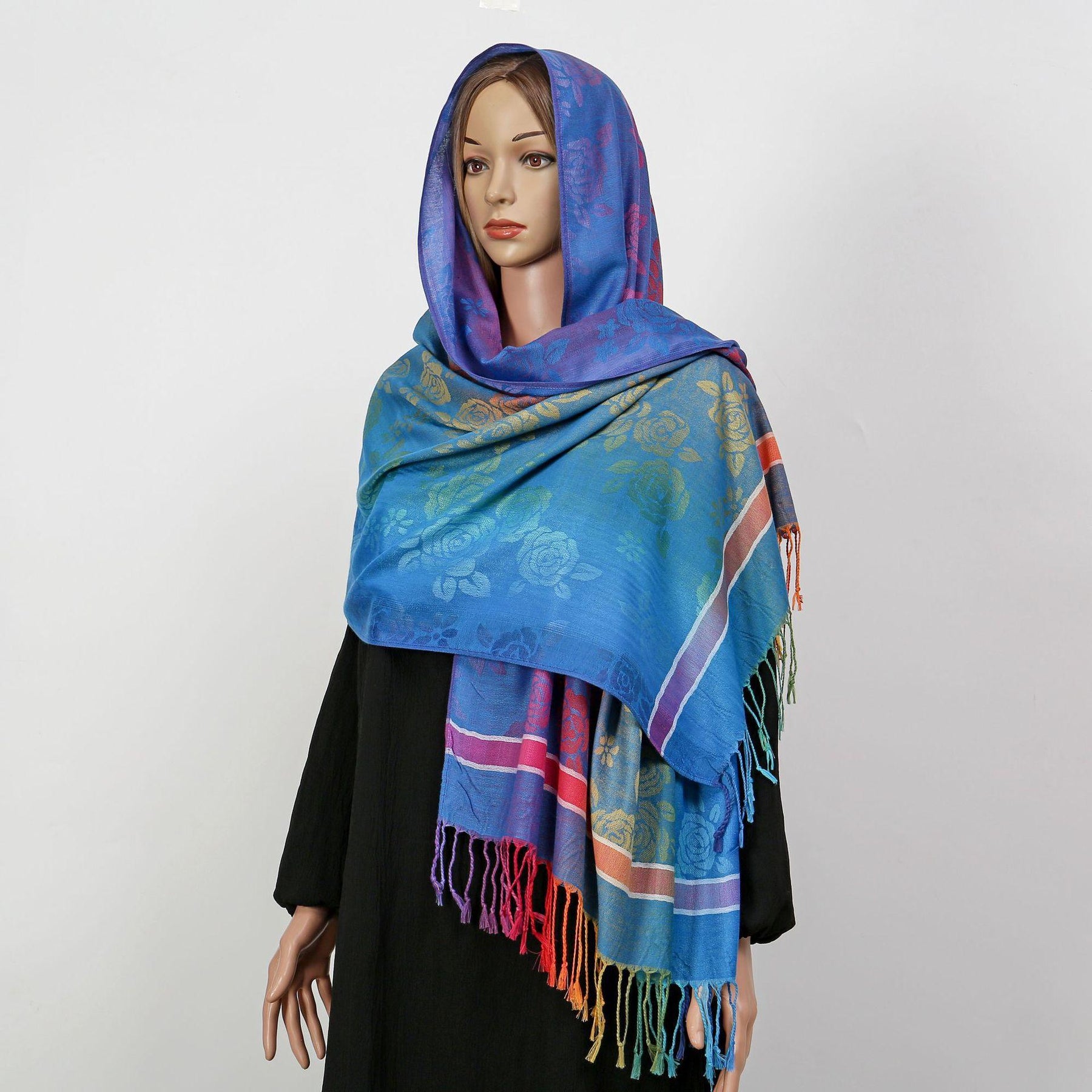 YF0438  Colorful Jacquard Soft Polyester Tassel Long Scarf