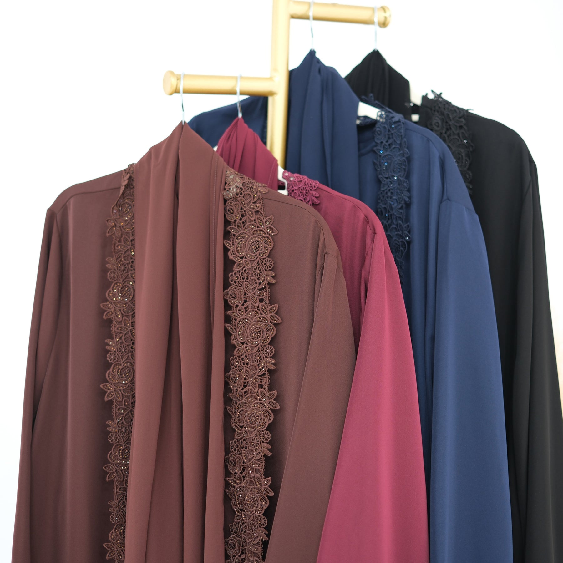 LR1191  Plain Nida Gold Foil Lace Open Abaya + Inner Layer + Hijab Set