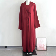 K113  Satin Tie-Front Open Abaya + Inner Dress Set - No Hijab