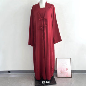 K113  Satin Tie-Front Open Abaya + Inner Dress Set - No Hijab