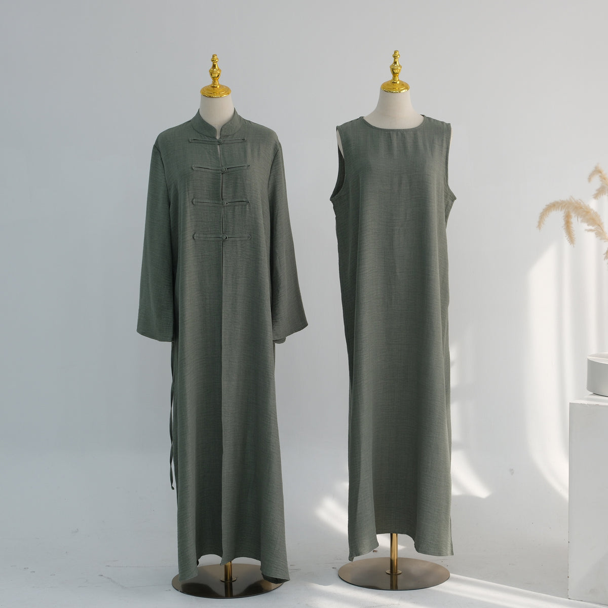 LR1124  Plain Solid Polyester Tie-Front Open Abaya Cardigan + Inner 2-Piece Set