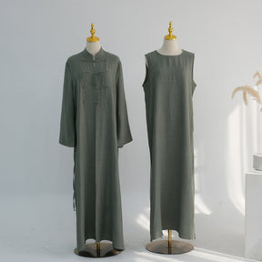 LR1124  Plain Solid Polyester Tie-Front Open Abaya Cardigan + Inner 2-Piece Set