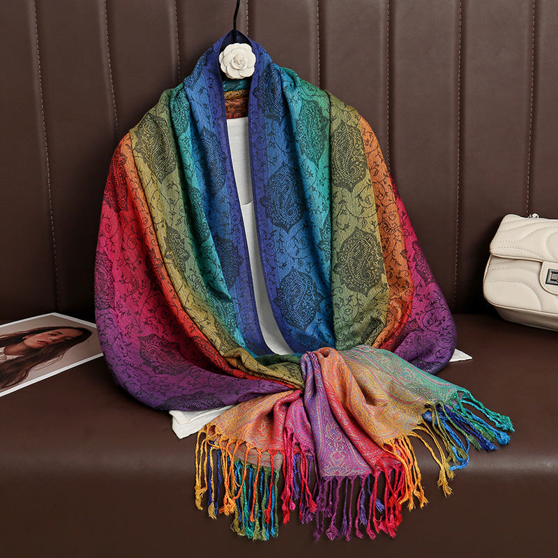 T318-01  Paisley Embroidered Ombre Tassel Polyester Cotton Scarf