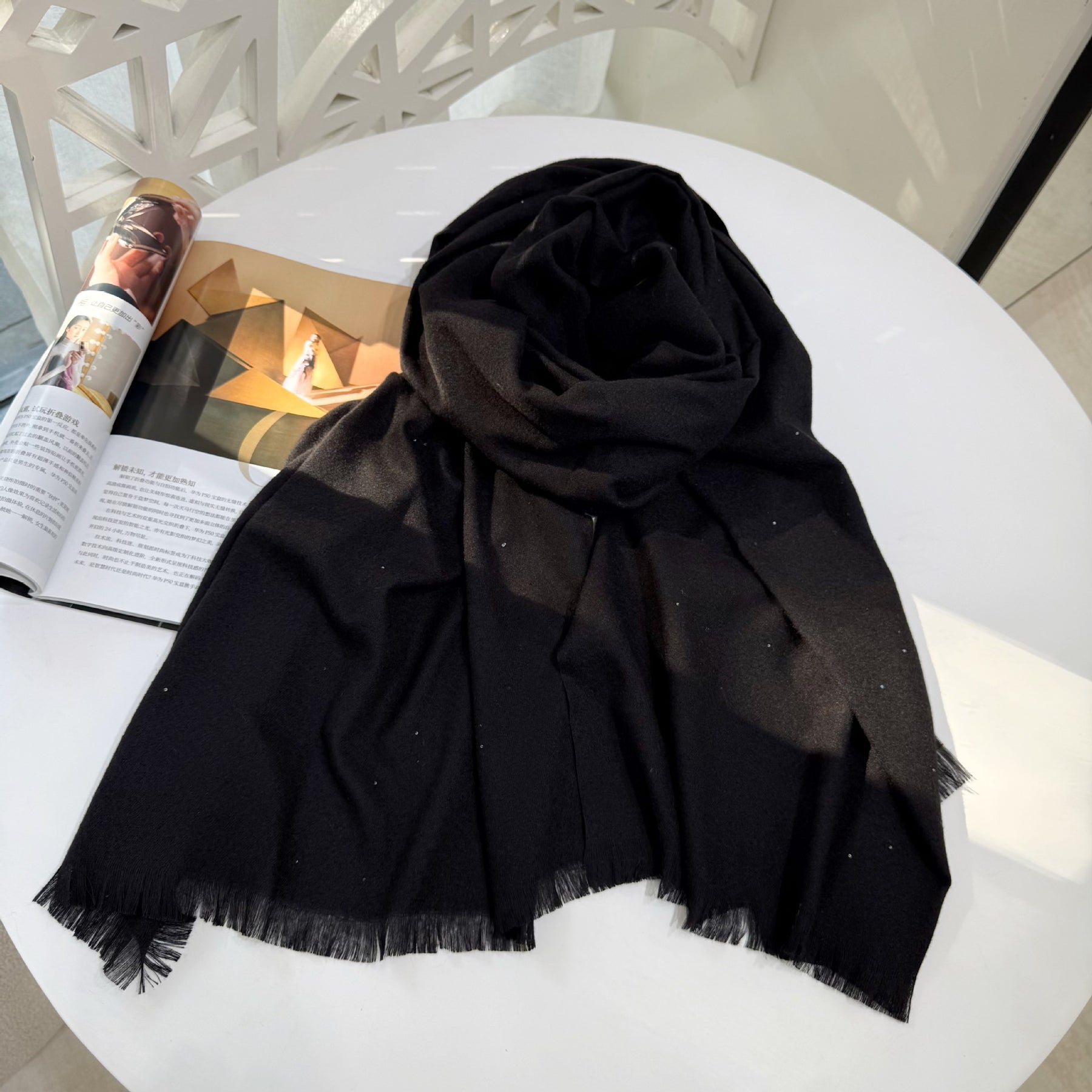 JM001  Plain Starry Hotfix Rhinestone Polyester Tassel Scarf