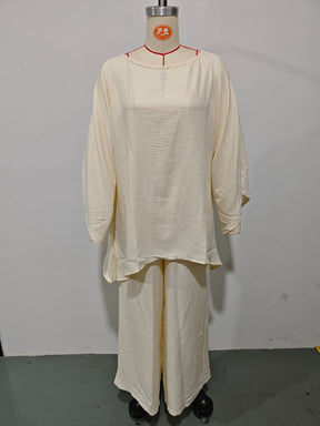 GS-30910  Women Simple Loose Linen Blend Shirt Wide Leg Pants Set