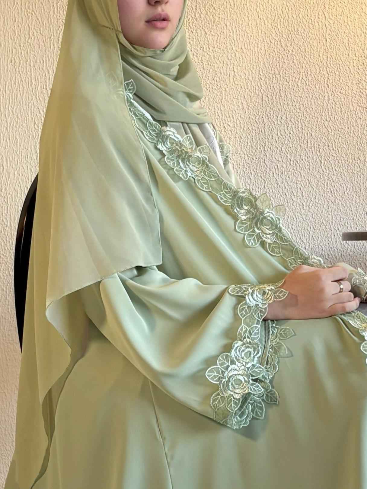 HBWT  Green Floral Abaya with Subtle Lace & a Coordinating Hijab