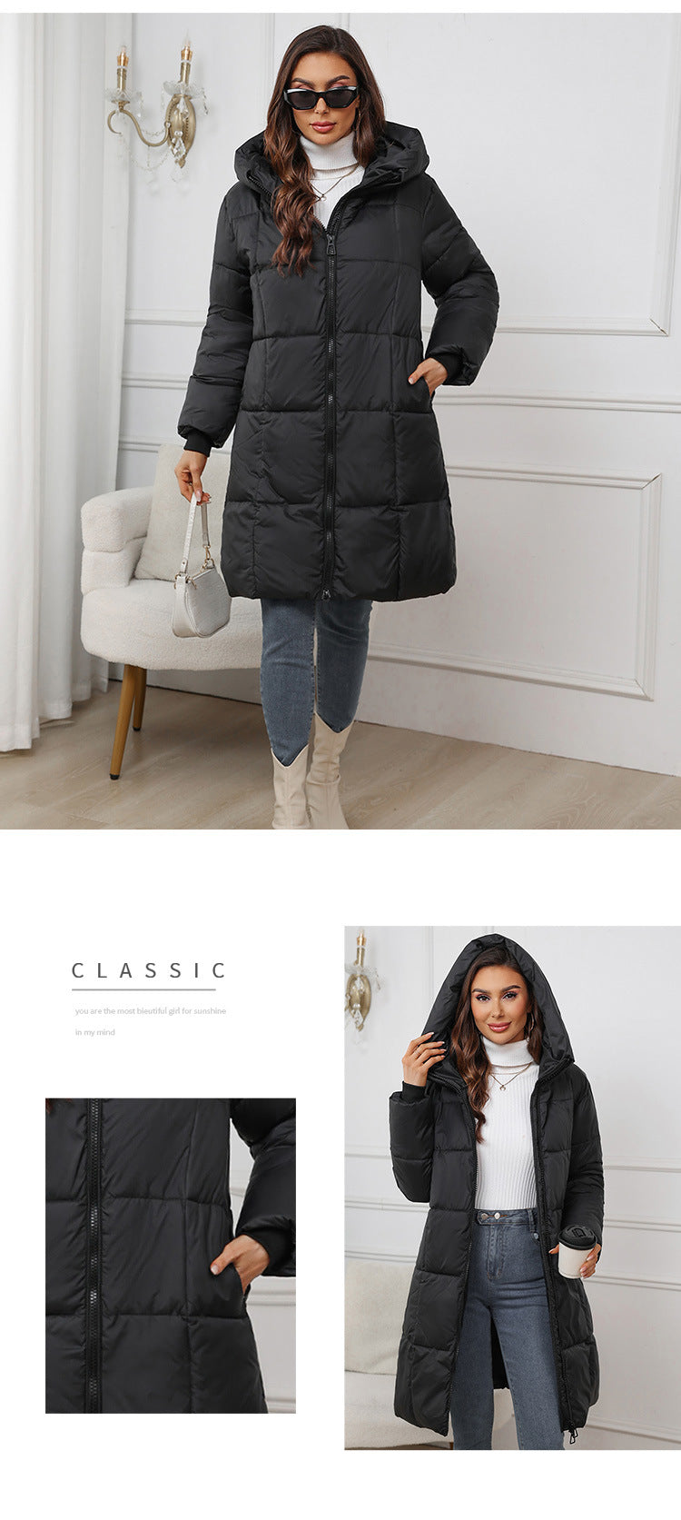 W1836  Women's Hooded Mid-Length Slim Winter Cotton-Padded Coat