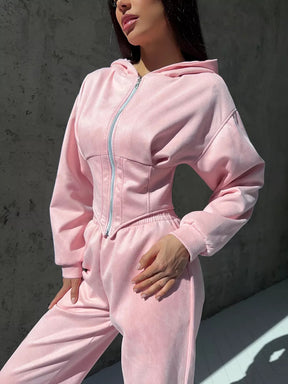 C56105  Autumn Winter Women Plain Drawstring Hooded Sweatsuit Abaya 2-Piece Set