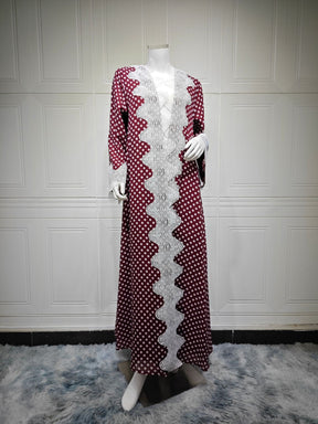 MQ297  Red Polka Dot Chiffon Wavy Lace Cardigan + Hijab Set