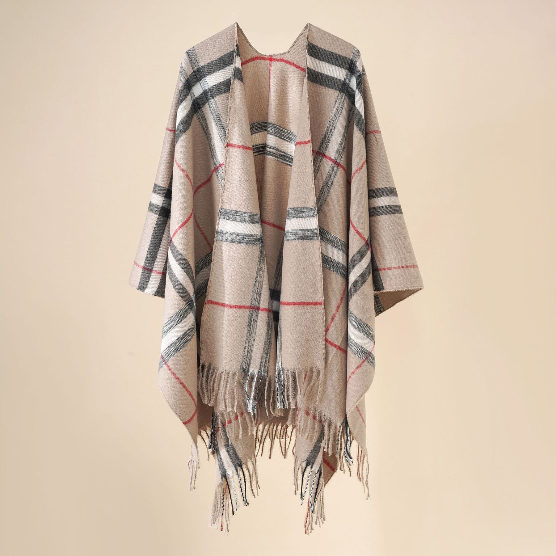 Plaid blanket warm fringed cardigan shawl for autumn and winter