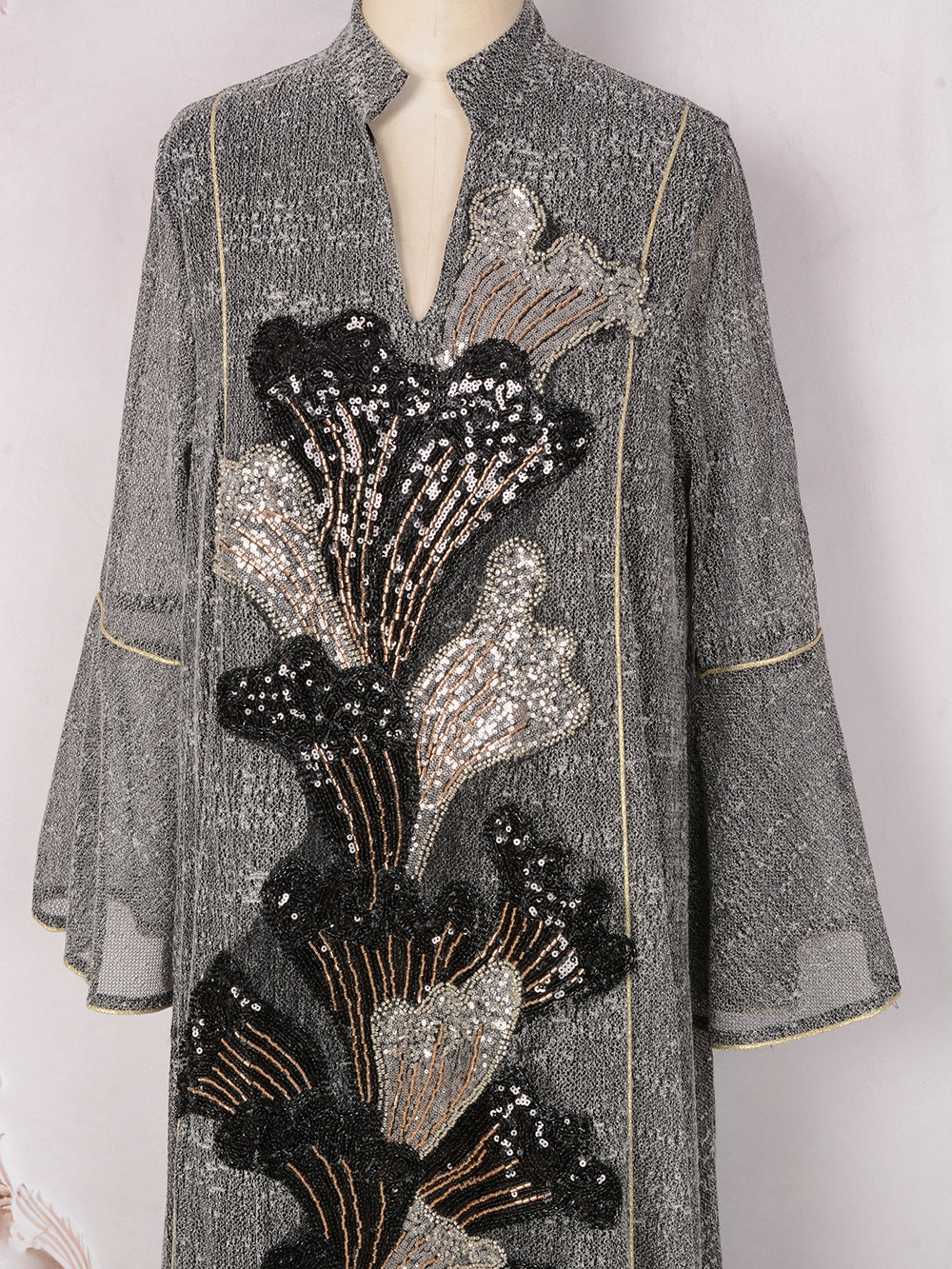 MT557  Stand Collar Sequin Beaded Embroidered Luxury Dress