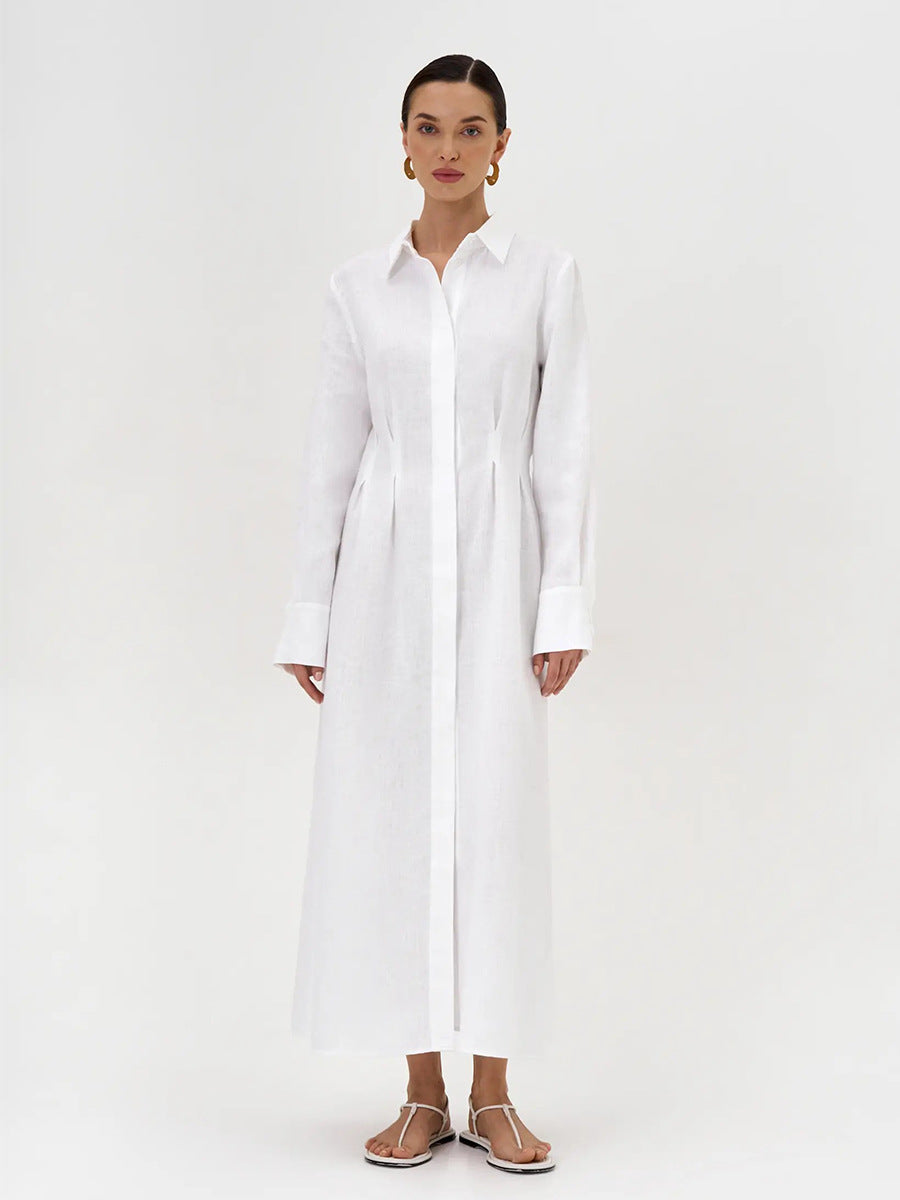LYQ0431  Women's Waist-Cinching Linen Shirt Dress with Side Slit