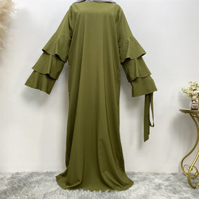 9073 plain Multi-layer stack sleeves abaya dress