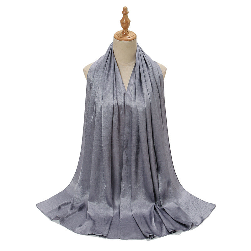 YW305  Malaysia new imitation silk smooth satin long scarf shawl pleated satin grab head covering scarf lady